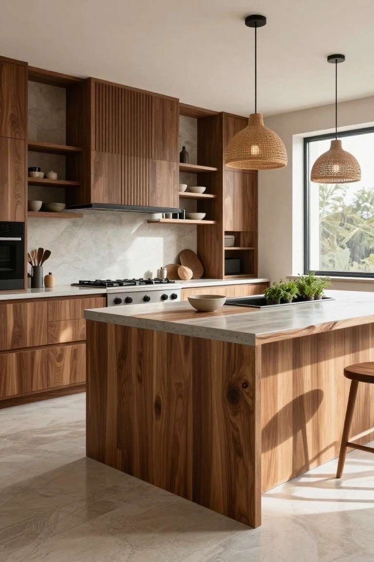 Modern kitchen interior with warm wood cabinetry and island, white marble countertops, rattan pendant lights, bar stools at the island, plants on the counter, gas range, and large window with tropical view.