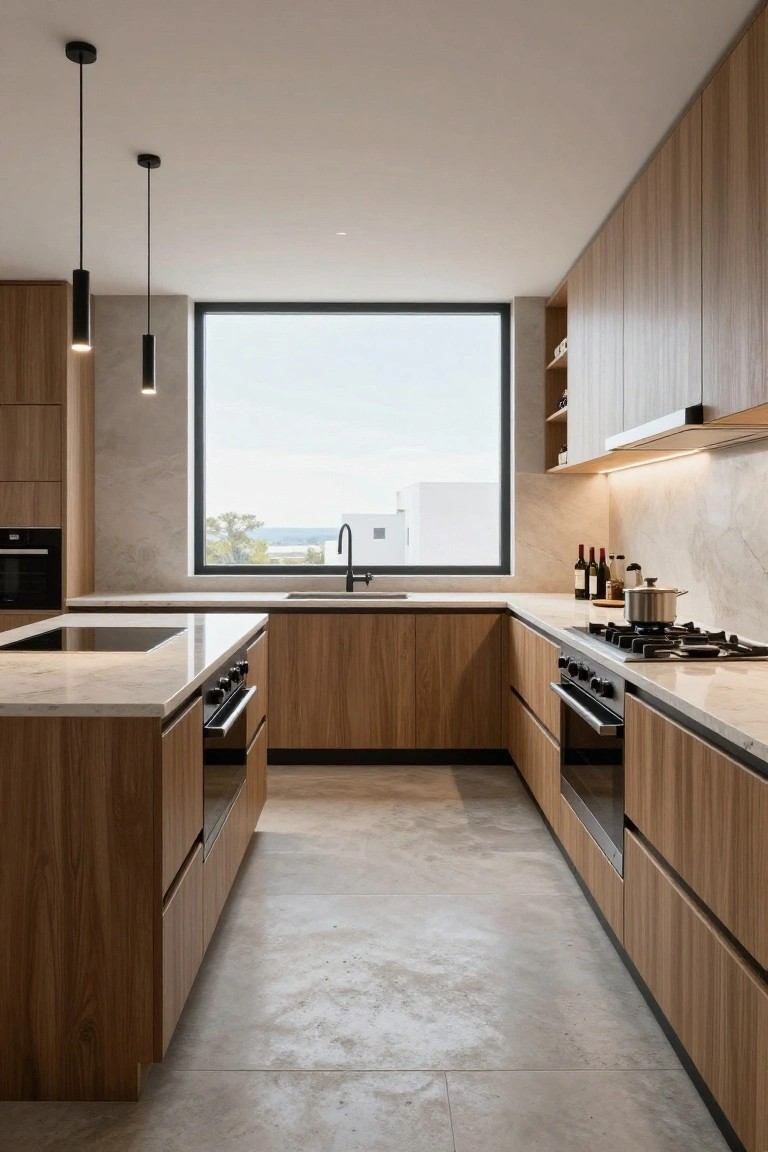 Modern U-shaped kitchen with light wood veneer cabinets, white marble countertops, central island with induction cooktop and built-in ovens, perimeter counters with sink and gas stove, large black-framed window, and light gray polished floor.