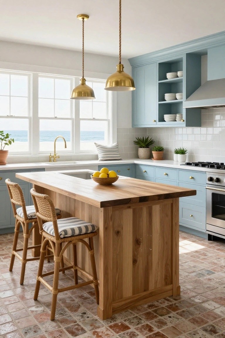 Coastal kitchen with light blue cabinets, large rectangular wooden island topped with lemons in a bowl, two rattan bar stools with cushions, brass pendant lights, white subway tile backsplash, gold faucet at sink, and large windows overlooking the ocean on terracotta tile floor.