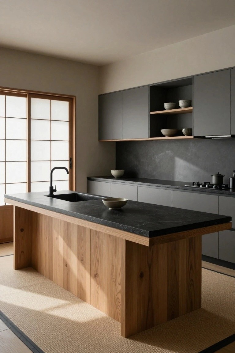 Minimalist kitchen interior with central low wooden island topped in black stone, beige tatami flooring, shoji sliding doors on one side, and matte gray upper and lower cabinets.