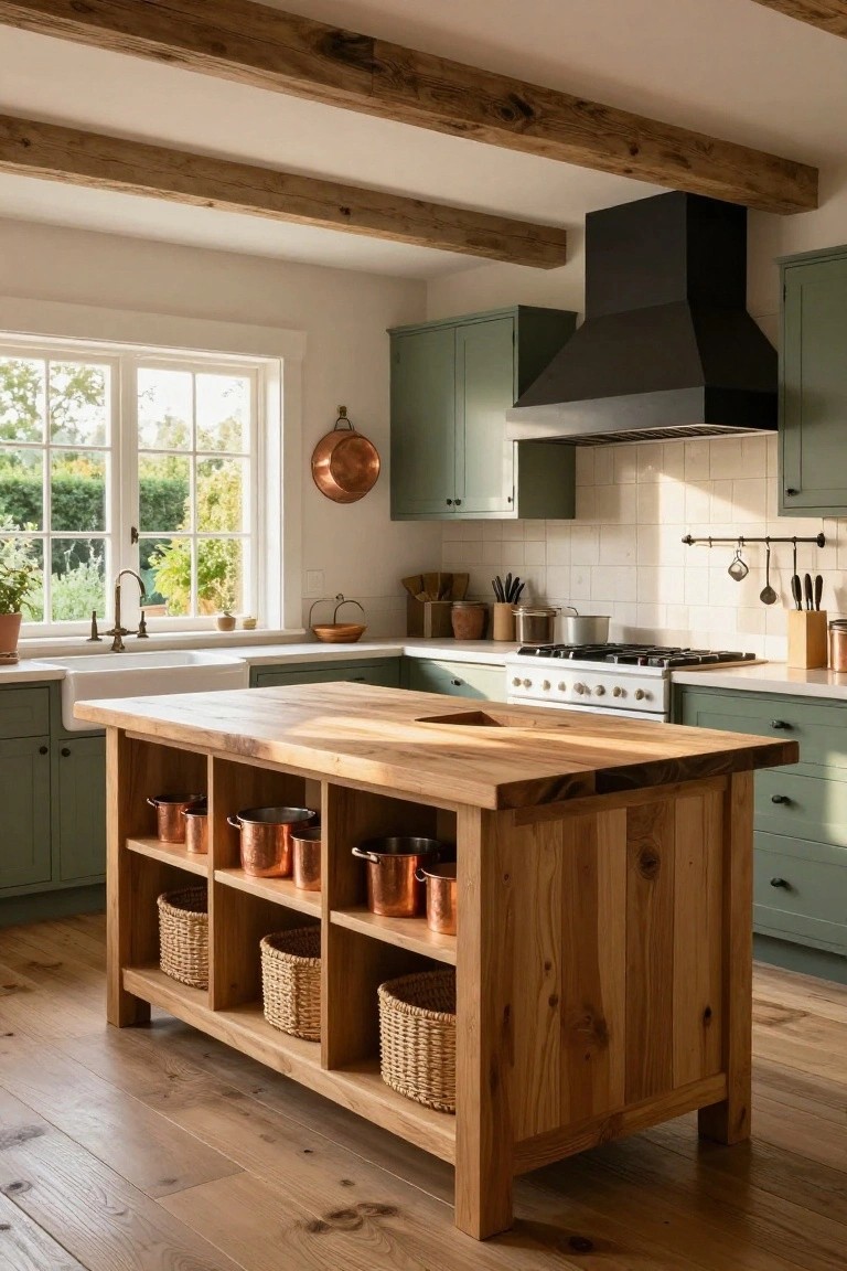 Kitchen interior with sage green cabinets, large light wood island featuring open lower shelving with copper pots and wicker baskets, farmhouse sink, white subway tile backsplash, and exposed wood beams on ceiling.