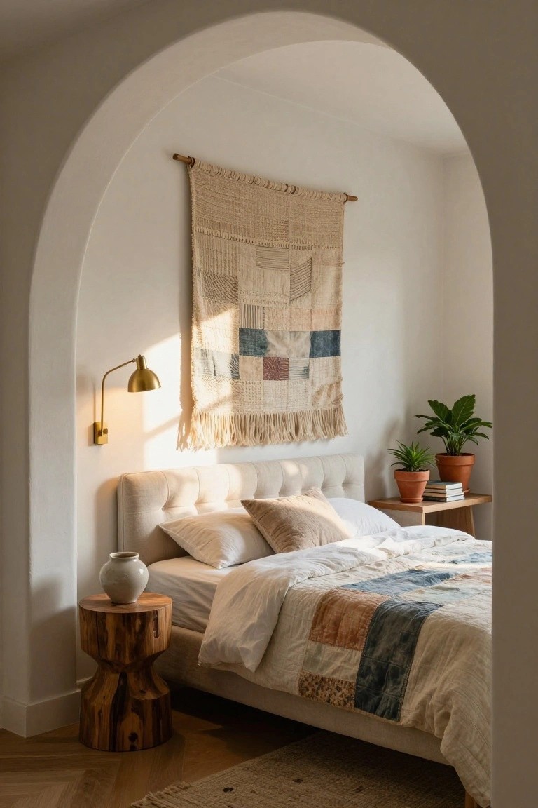 White arched alcove containing a tufted beige bed with white sheets, blue and beige quilt, pillows, woven tapestry wall hanging, brass wall lamp, potted plants on wooden side table, wood stool with white vase, and beige rug on wood floor.