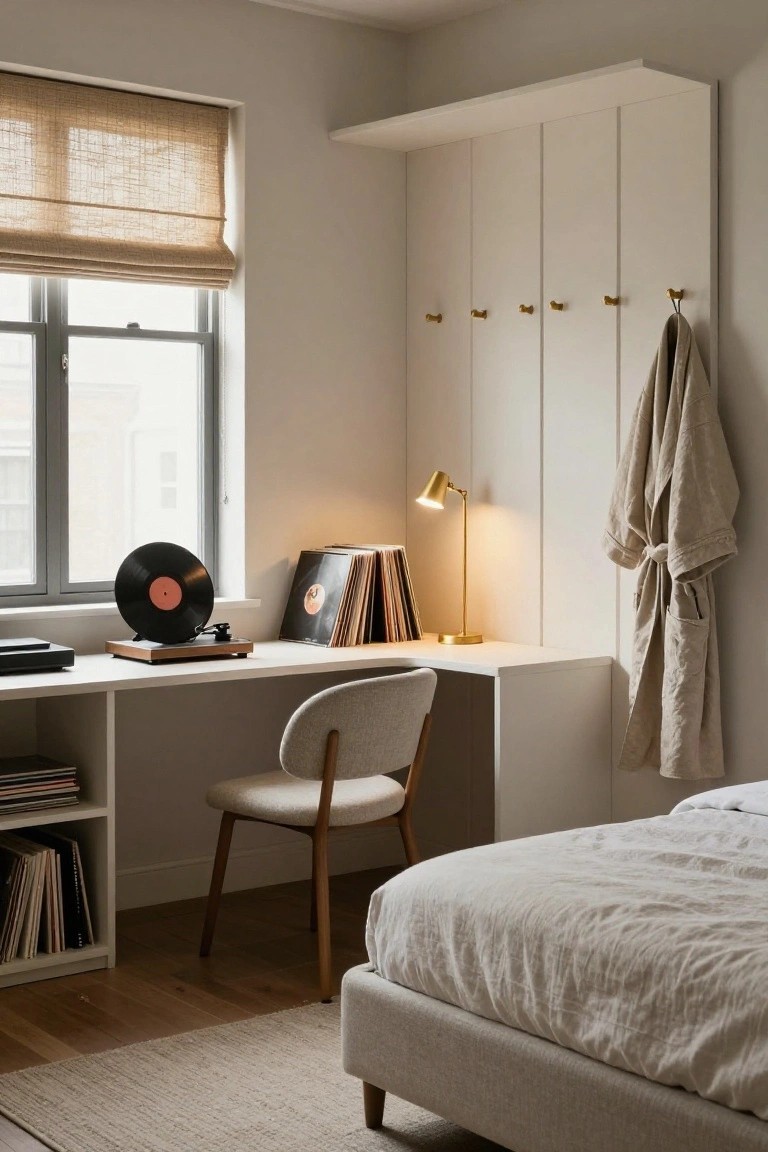 Bedroom corner with white built-in desk unit holding a turntable and vinyl records, shelving with books, gold desk lamp, wooden chair, hooks with beige robe, and bed frame nearby on wood floor.