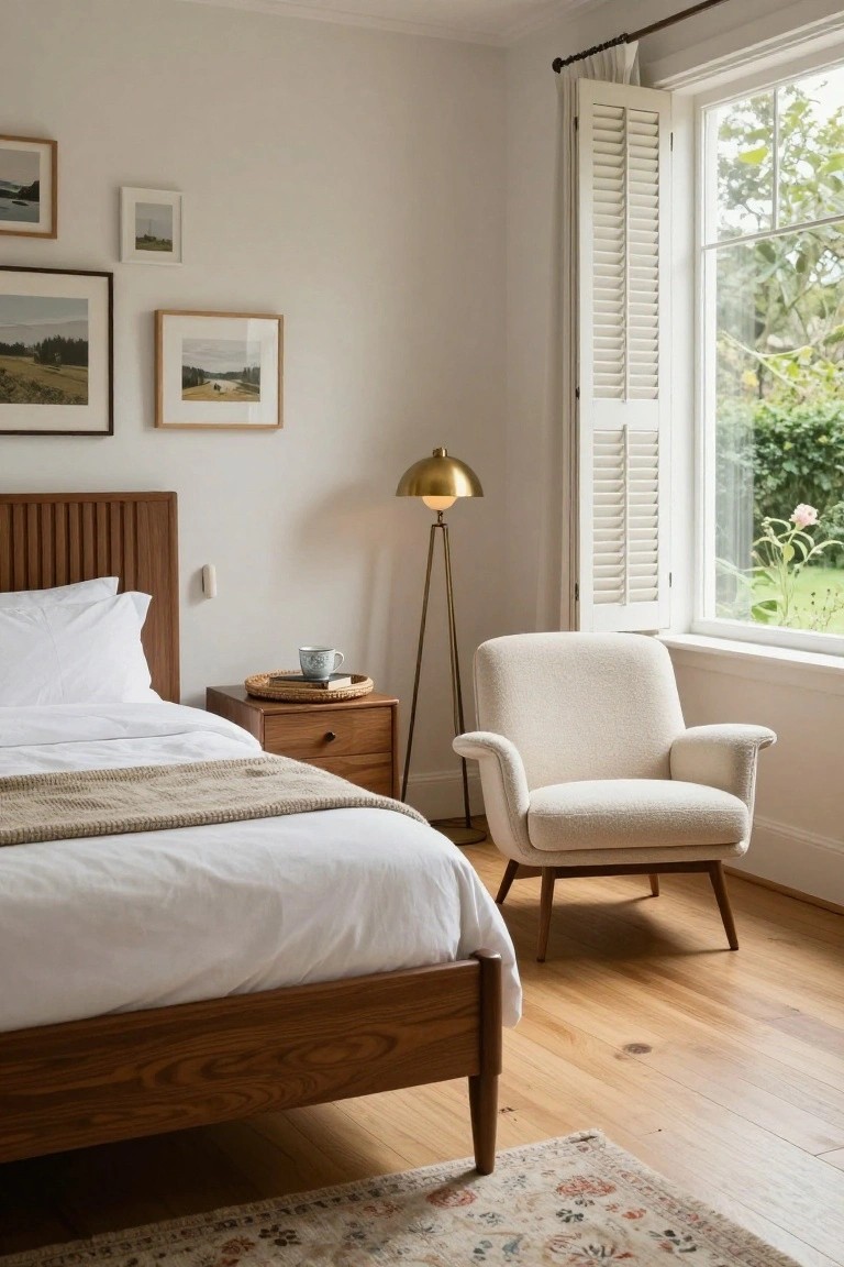 Bedroom interior with wooden bed frame and headboard, wooden nightstand topped with woven tray holding book and teacup, tall gold floor lamp, cream upholstered armchair on wooden legs, large window with open white shutters overlooking garden, framed landscape photos on wall, and wood flooring with patterned rug.