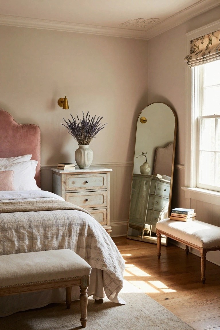 Corner view of a bedroom with blush pink velvet tufted headboard on a bed draped in white linens and beige throw, aged white nightstand with lavender bouquet, gold arched floor mirror, beige bench, and window with floral roman shade on hardwood floor.