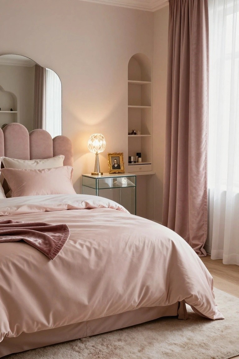 A bedroom with a tufted pink velvet headboard featuring scalloped edges, blush pink bedding and throw, glass vanity with gold lamp and framed portrait, arched mirrors, built-in shelves, and pink velvet curtains.