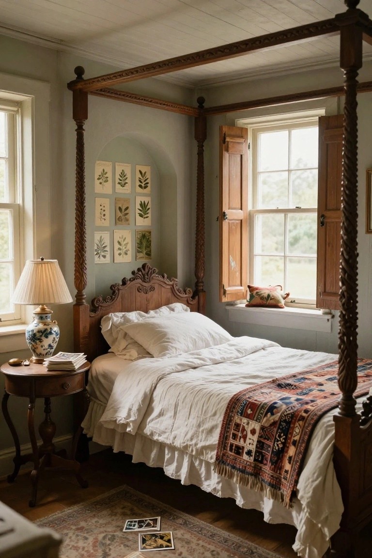 A cozy bedroom with a tall carved wooden four-poster bed draped in white linens and a patterned runner, flanked by a side table holding a lamp, books, and blue vase, botanical prints on the wall, open shutters on windows, and a rug on the wood floor.