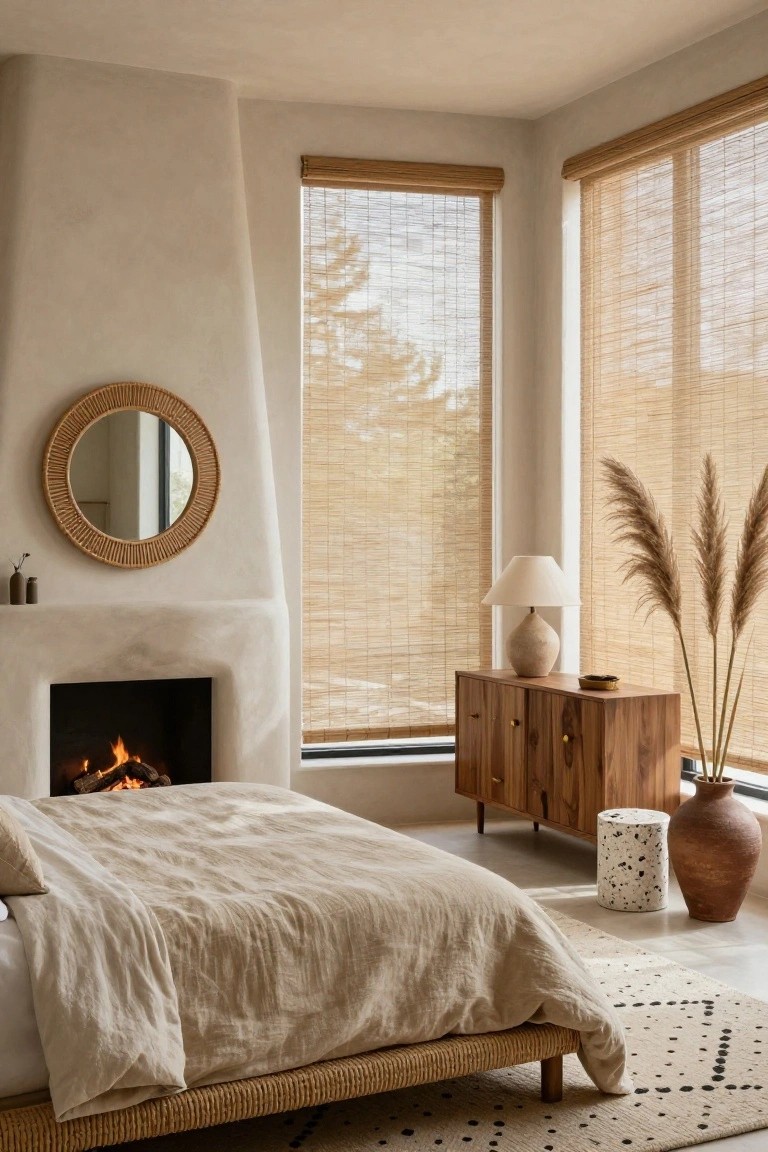 Beige stucco-walled bedroom with rounded fireplace containing lit logs, low rattan platform bed draped in white linen sheets, bamboo roller shades on two large windows, wooden credenza topped with ceramic lamp and ashtray, pampas grass, and speckled stool.