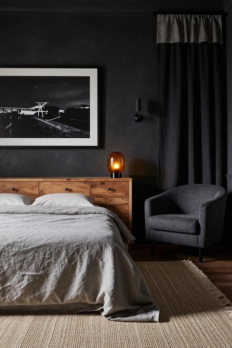 A bedroom with dark textured walls, wooden six-drawer dresser next to a king bed draped in light gray linens, amber glass lamp, gray upholstered armchair, large black-and-white photograph on wall, heavy drapes, and fringed beige rug on wood floor.