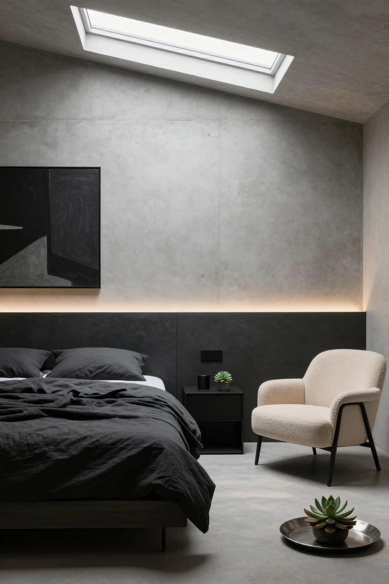 Modern bedroom with exposed gray concrete walls and slanted ceiling, black metal bed frame with dark linens and pillows, black upholstered headboard with LED strip light, cream fabric armchair on black legs next to black nightstand, small plants, and skylight.