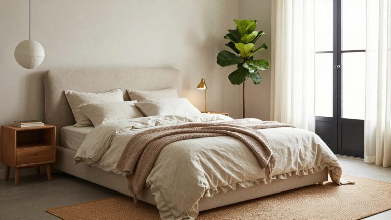 Light neutral bedroom with curved fabric headboard bed covered in cream linen sheets and light green knit throw draped over, tall fiddle leaf fig plant next to wooden nightstand and lamp, beige curtains on black-framed window, slatted wood credenza, seagrass rug on wood floor.