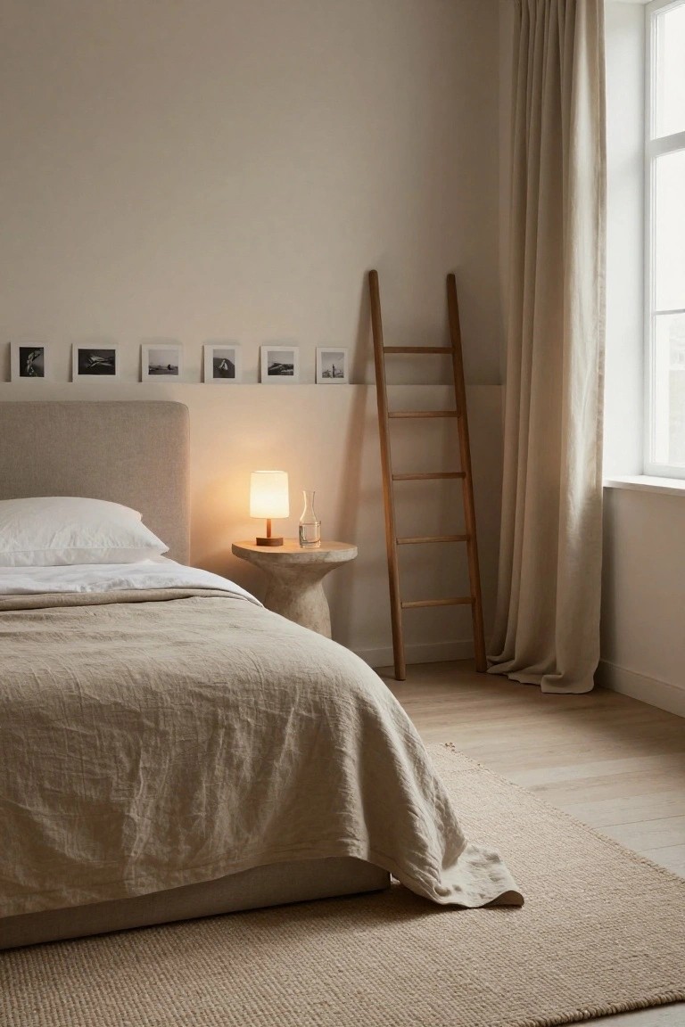 Bedroom with beige upholstered headboard and platform bed dressed in white sheets and beige linen duvet, wooden pedestal nightstand holding a lamp and glass vase, tall wooden ladder leaning against wall above framed photos, sheer curtains on window, seagrass rug on light oak floors.