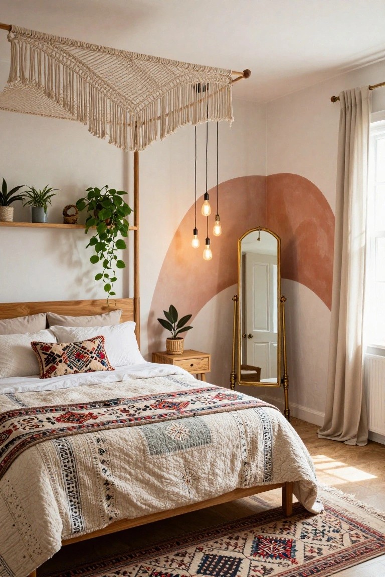 Bedroom interior with a wooden platform bed covered in white sheets, patterned pillows, and a multicolored quilt, under a large beige macrame canopy with fringe, flanked by potted plants, floating shelves, a gold full-length mirror, pendant lights, and a curved peach wall accent next to white curtains and a hardwood floor with a patterned rug.