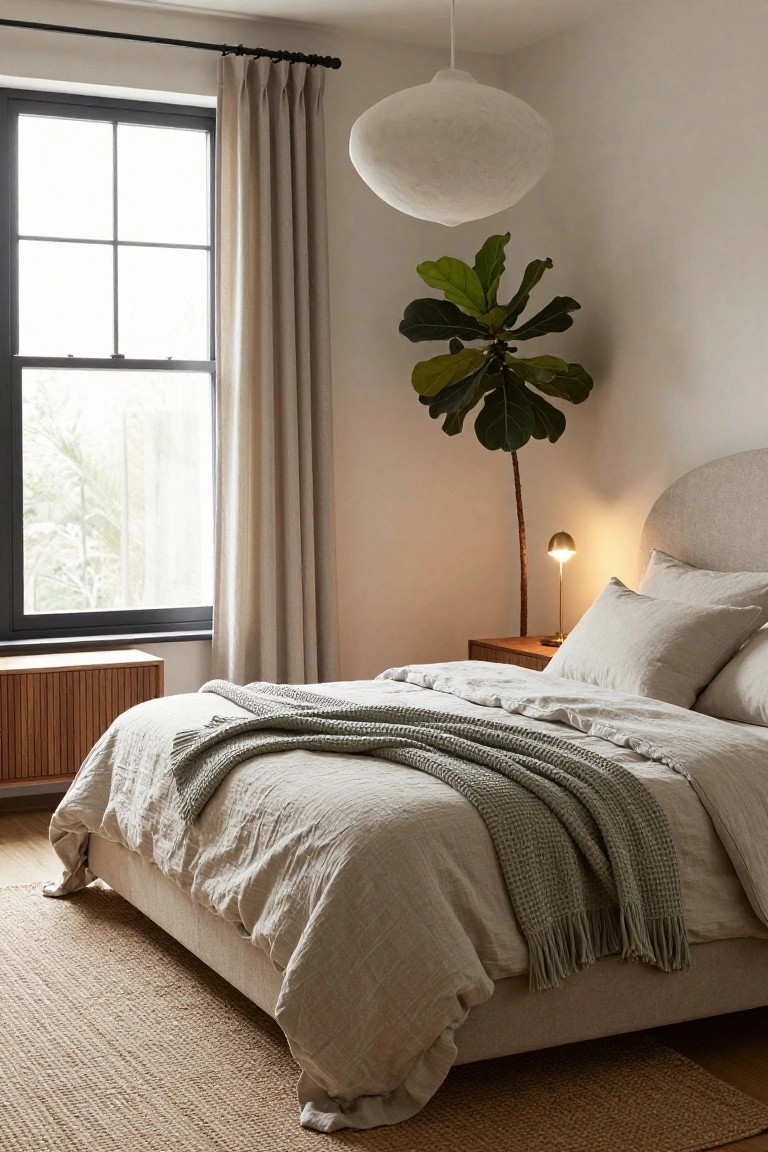Light neutral bedroom with curved fabric headboard bed covered in cream linen sheets and light green knit throw draped over, tall fiddle leaf fig plant next to wooden nightstand and lamp, beige curtains on black-framed window, slatted wood credenza, seagrass rug on wood floor.