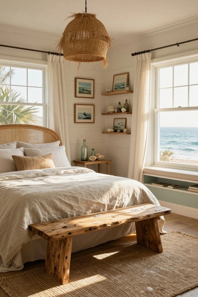 Bedroom with rattan headboard and pendant light, white linen bedding on king bed, wooden bench at foot, built-in window seat, shiplap walls, and large windows showing palm trees, ocean, and beach.
