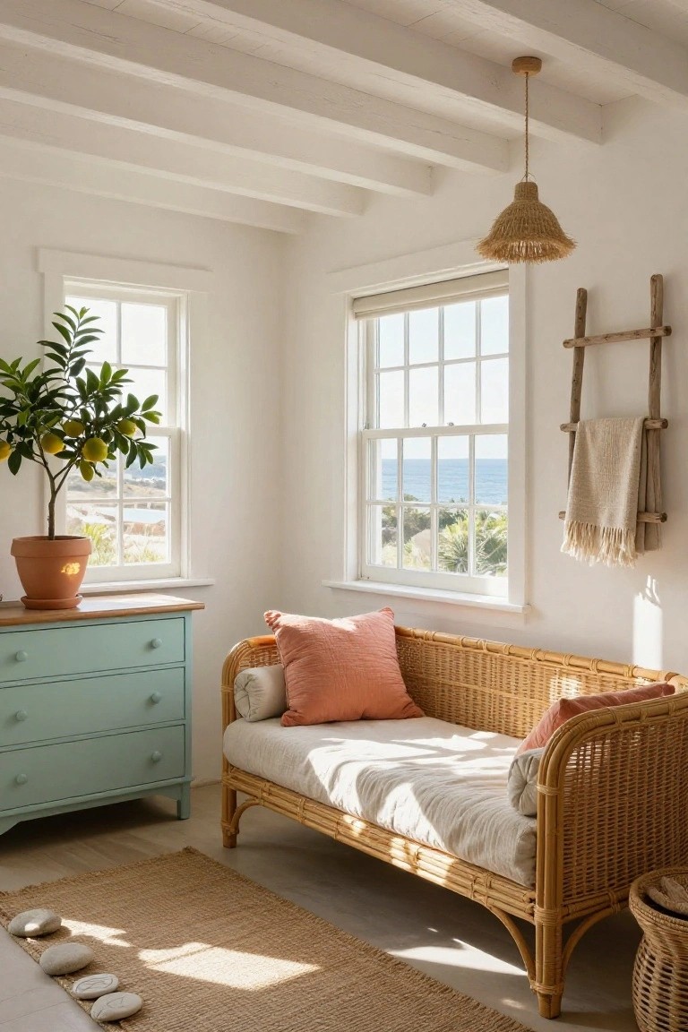 Sunlit bedroom with white walls and beamed ceiling, rattan daybed with white bedding and pink pillows on beige seagrass rug, mint green dresser, terracotta potted lemon tree by ocean-view window, driftwood ladder holding towel, and woven pendant light.