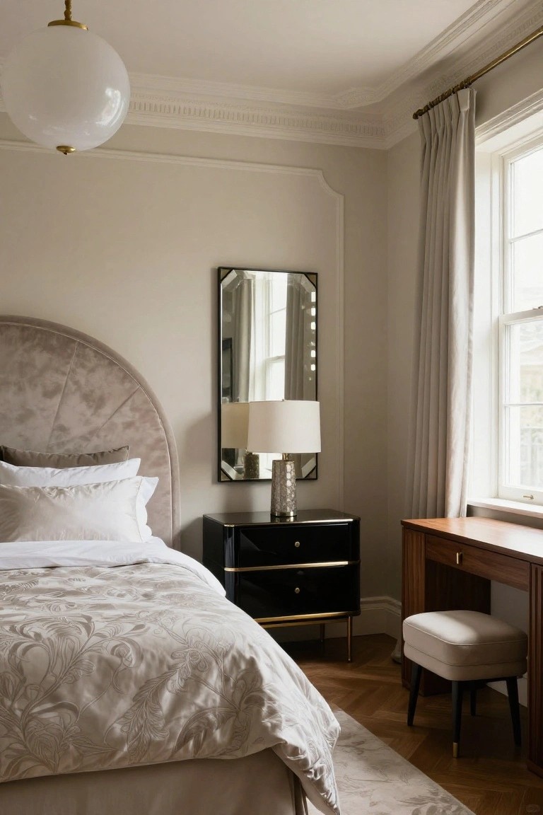 Bedroom corner with curved taupe velvet headboard on a bed with white pillows and embroidered duvet, black lacquer nightstand with mercury glass lamp, tall mirror, wooden desk with stool, cream curtains on window, beige walls, and parquet floor.