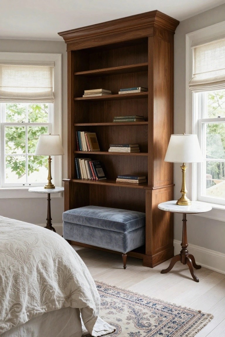 Tall wooden bookcase in bedroom corner filled with books on shelves, blue velvet bench at base, brass lamps on marble pedestal tables beside windows with roman shades, partial view of white bed and blue rug on light wood floor.