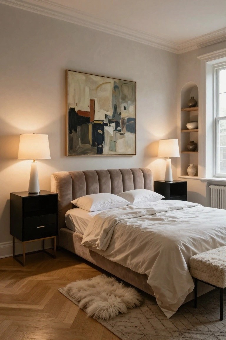 Bedroom interior with gray tufted velvet upholstered bed headboard, white pillows and sheets, black nightstands with white ceramic lamps, large abstract painting on wall, arched niche with ceramics, and sheepskin rug on herringbone parquet floor.
