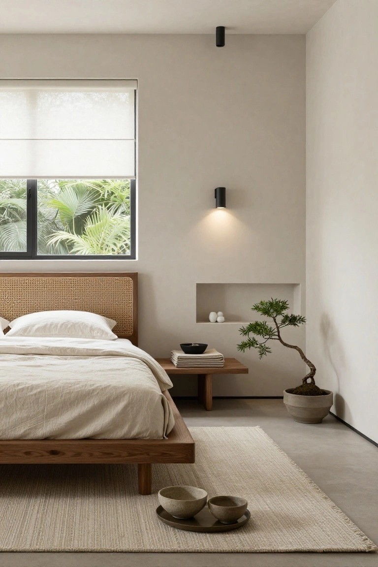 Minimalist bedroom interior with low wooden platform bed, rattan-woven headboard, white linen bedding, bedside wood table holding books and black bowl, bonsai tree in wall recess, two ceramic bowls on beige rug, and window view of palm trees.