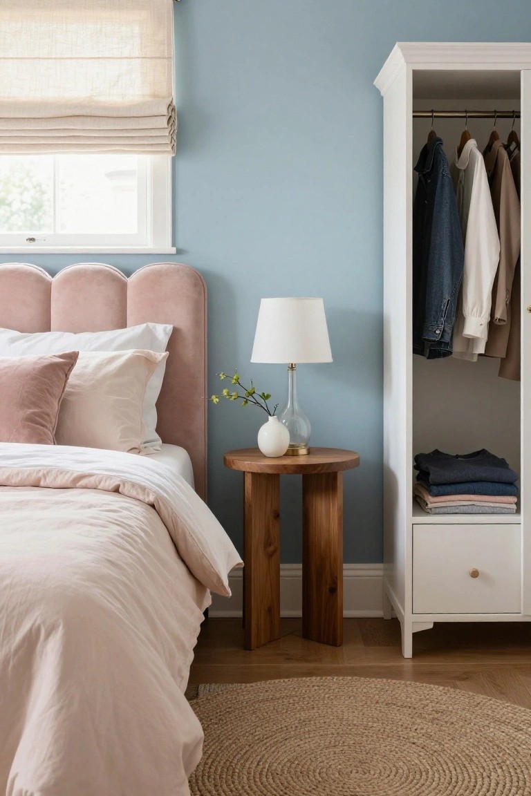 Bedroom with pink tufted velvet headboard on bed covered in white duvet and pink pillows, wooden nightstand holding white lamp and glass vase with branches, open white wardrobe showing hanging clothes and folded shirts, pale blue wall, linen roman shade on window, hardwood floor, and seagrass rug.