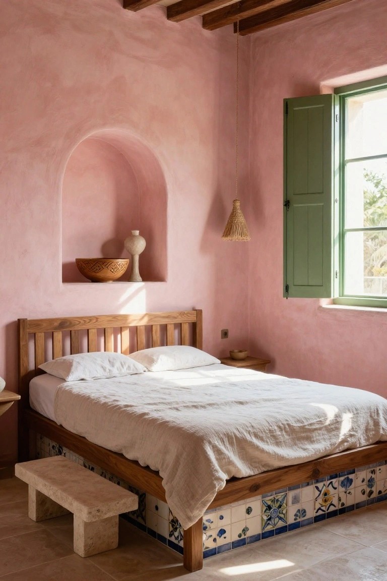 Bedroom interior featuring blush pink textured plaster walls, wooden bed with white linen sheets, arched wall niche holding woven basket and ceramic vase, green shutters on window, woven pendant light, and stone bench on tiled floor.