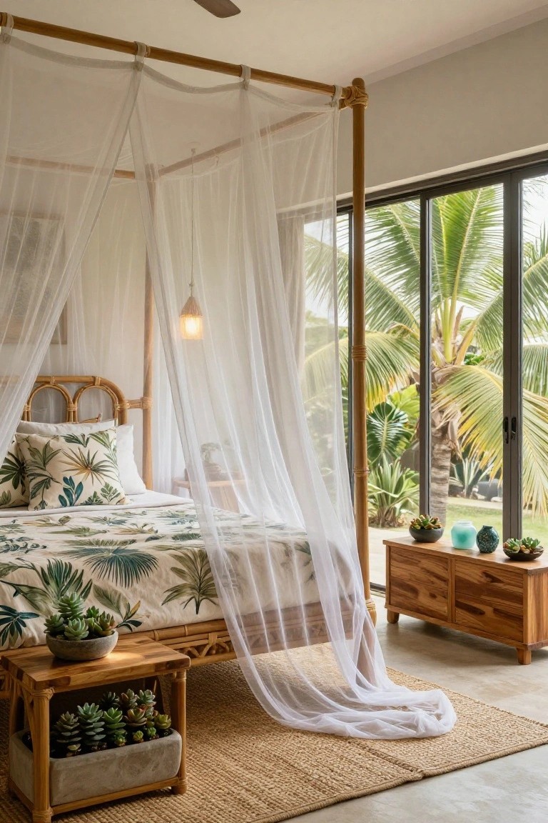Sunlit bedroom with four-poster bamboo bed draped in sheer white canopy, tropical leaf bedding, potted succulents on wooden tables, and sliding glass doors overlooking palm trees and plants.