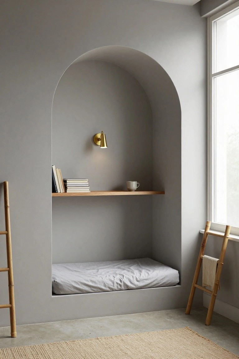 Arched gray wall alcove with low white bed, oak shelf holding stacked books and white cup, gold wall lamp, bamboo ladders flanking sides, next to window, seagrass rug on concrete floor.