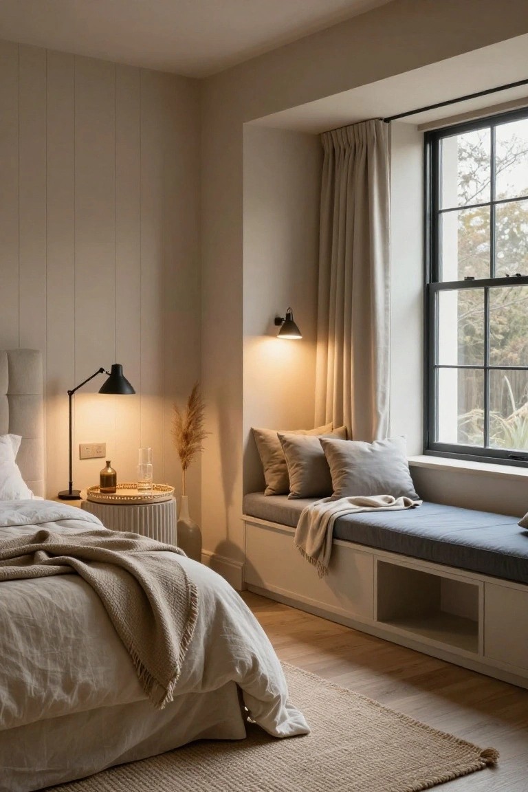 Beige bedroom with light wood floors, a bed draped in cream linens, bedside table with black lamp and potted plants, and built-in window bench with gray cushions, cream throw, and sheer curtains beside a black-framed window.