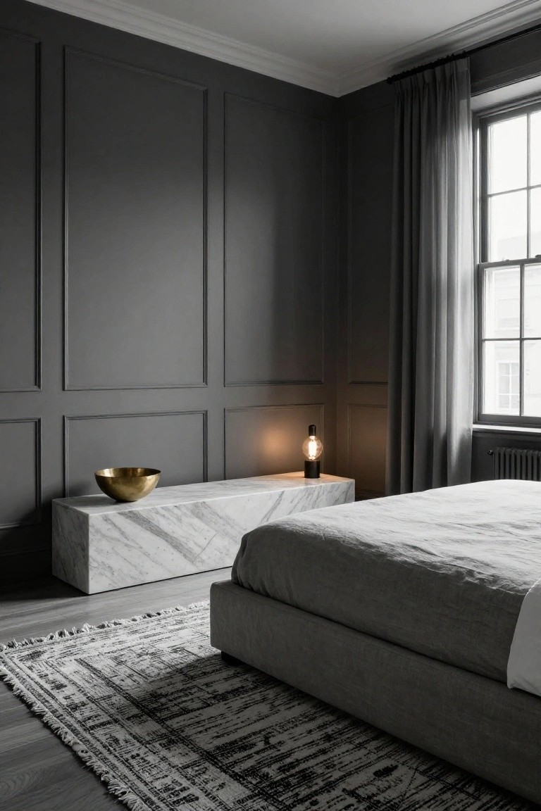 Corner of a bedroom with dark gray paneled walls, white marble side table topped with gold bowl and black lamp, low gray platform bed with white linens, and black-and-white rug on wood floor.
