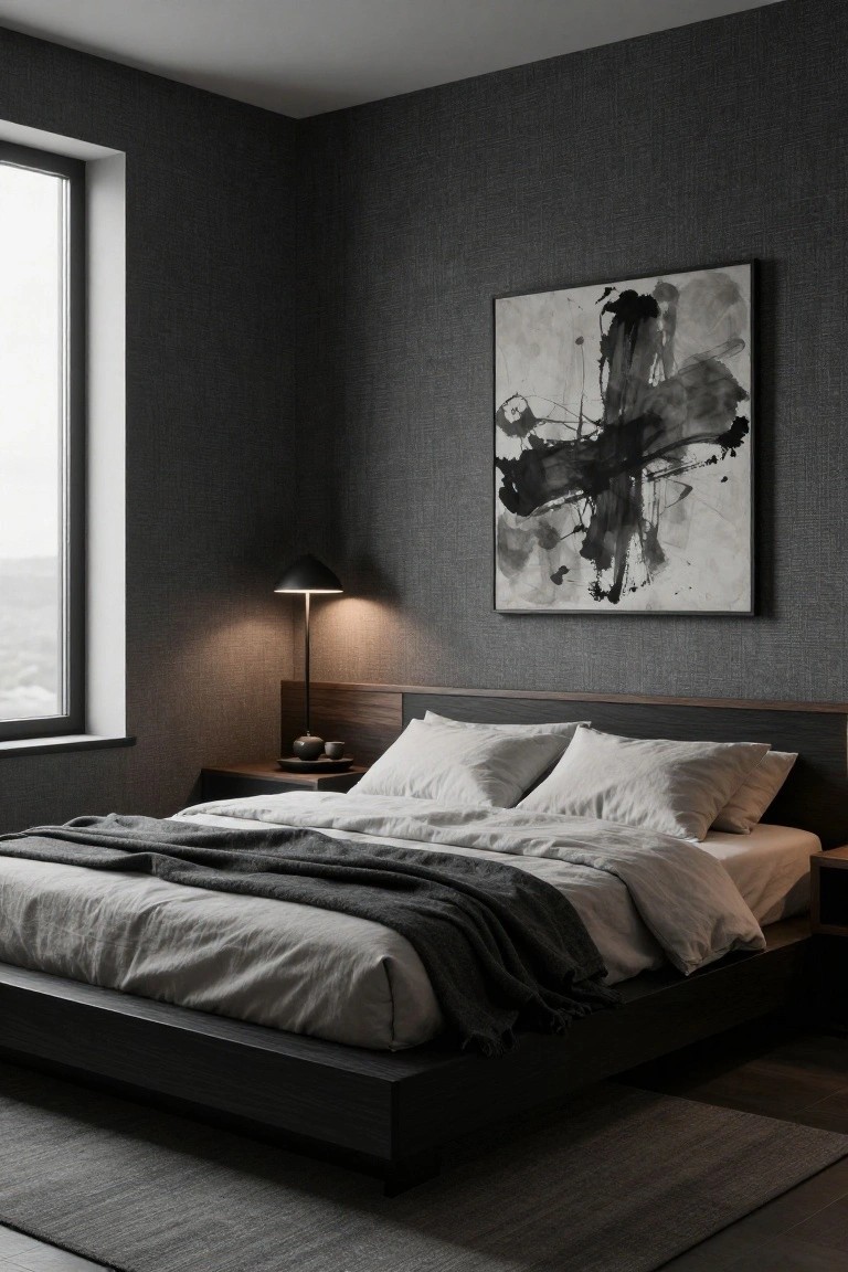 Corner view of a minimalist bedroom with low black platform bed covered in white sheets and gray throw, wood nightstand holding lamp and teacups, abstract black ink painting on textured gray wall, and large window showing foggy outdoor view.