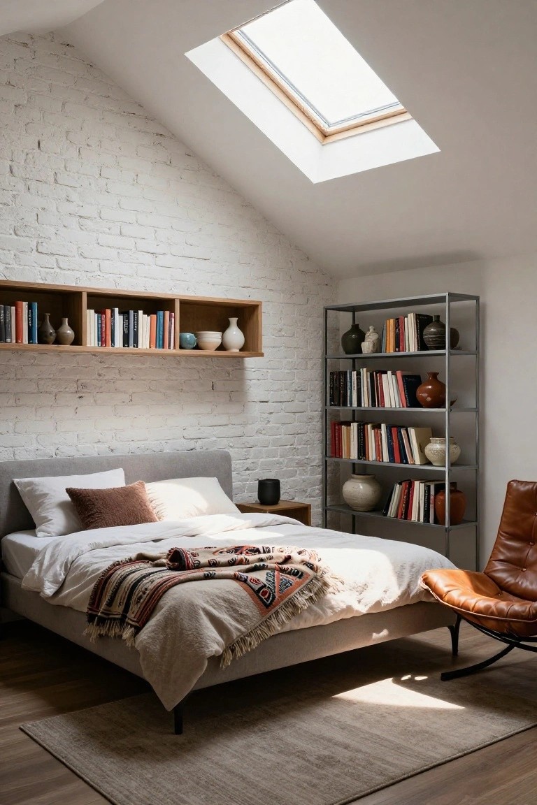 Attic bedroom with white exposed brick walls, wooden floating shelves displaying books and pottery, low platform bed with neutral sheets and colorful woven throw, metal bookcase with vases, orange leather armchair, and skylight letting in sunlight.
