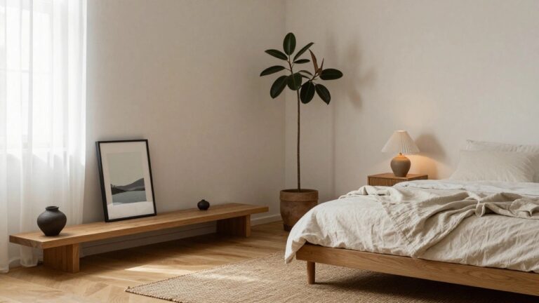 Bedroom corner with white walls, wooden platform bed draped in white linen sheets, wooden nightstand holding a ceramic lamp, tall potted plant next to arched black mirror, floating wooden shelf with vase and framed photo, sheer white curtains on window, and light oak floors with seagrass rug.