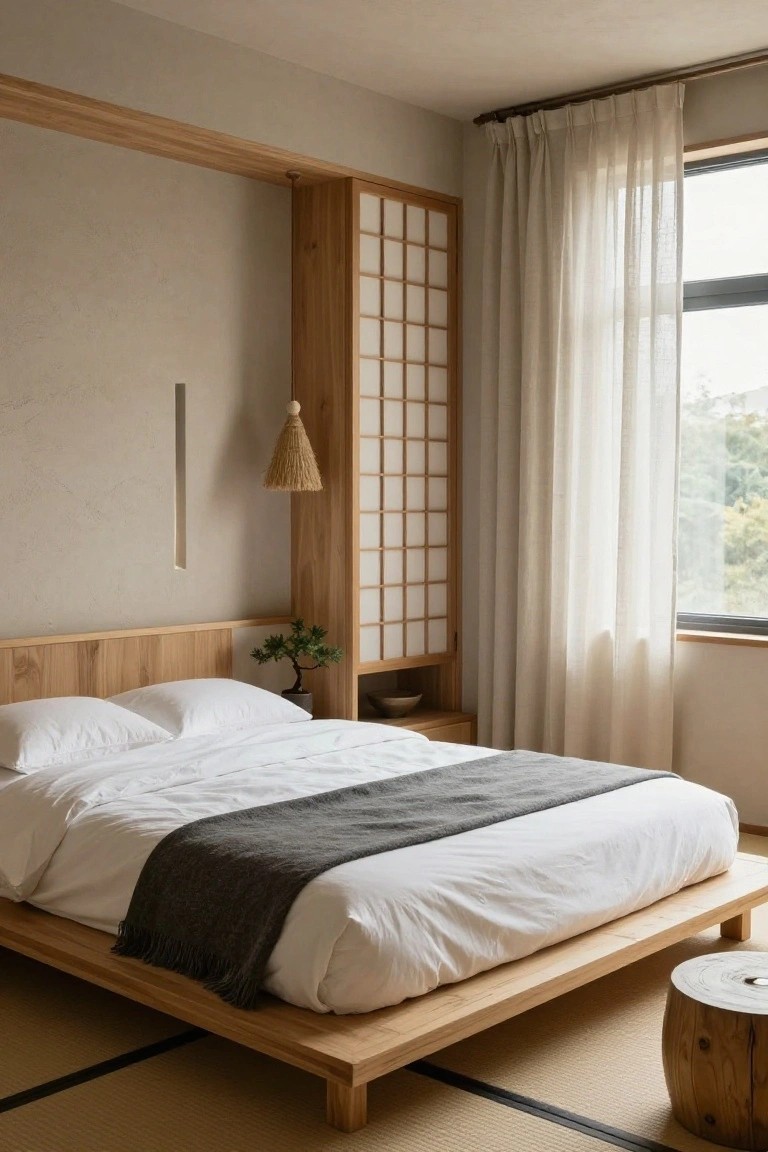 A minimalist bedroom with light beige walls, low wooden platform bed with white bedding and gray throw on tan tatami mats, wooden headboard with bonsai plant, shoji screen cabinet, rattan pendant light, sheer curtains on window, and wood stool nearby.