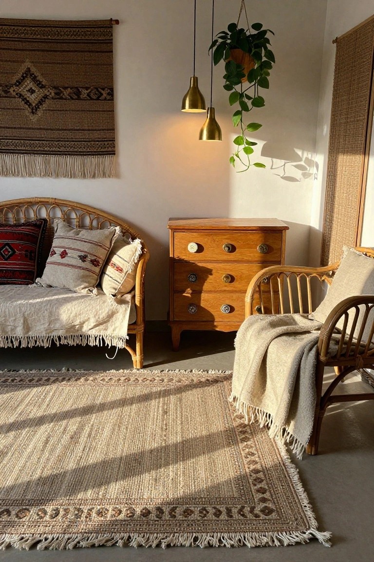 Sunlit indoor room with rattan sofa piled with patterned pillows and throws, wooden dresser with brass knobs, rattan chair draped with a light blanket, jute rug on concrete floor, hanging plant, gold pendant lamps, and woven wall tapestry.