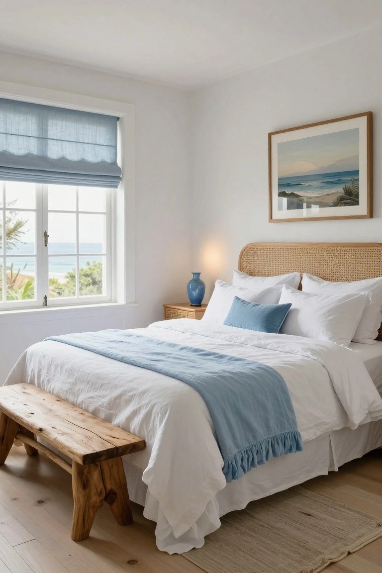 Bright bedroom with curved rattan headboard on a bed dressed in white linens and blue throw, blue roman shade on window showing ocean view, wooden bench at bed foot, blue vase on bedside table, and ocean painting on wall.