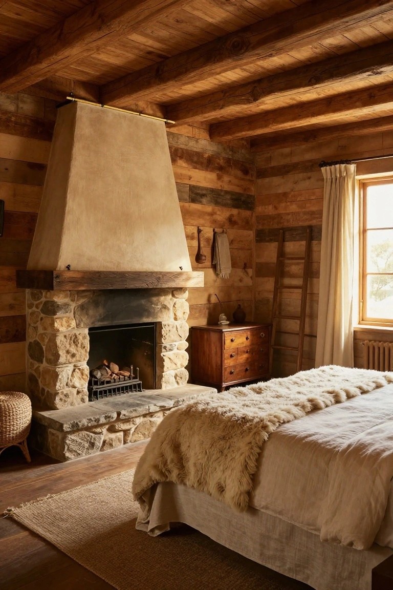A bedroom in a wooden cabin with exposed beam ceiling, large beige stone fireplace with burning logs, bed draped in white linens and fur throw, wooden dresser, ladder, towel rack, and window with cream curtains.
