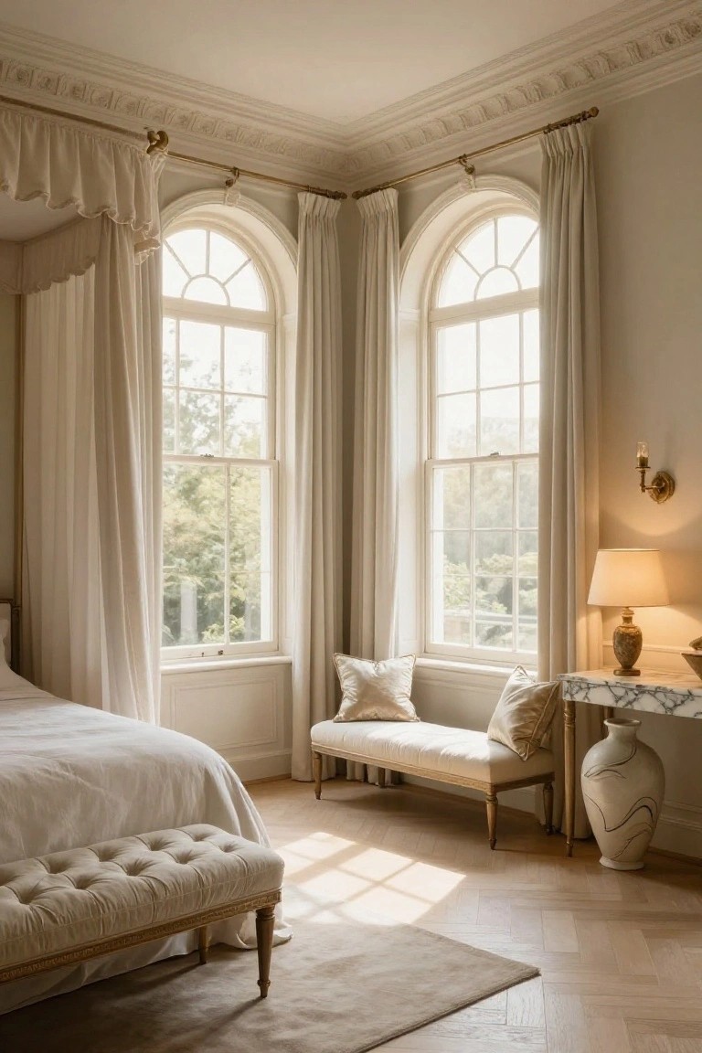 Corner of a light beige bedroom with a white upholstered bed under a canopy, tall arched sash windows draped in long cream sheer curtains, a beige bench with pillows, marble-top table with lamp and vase, and parquet wood floor.