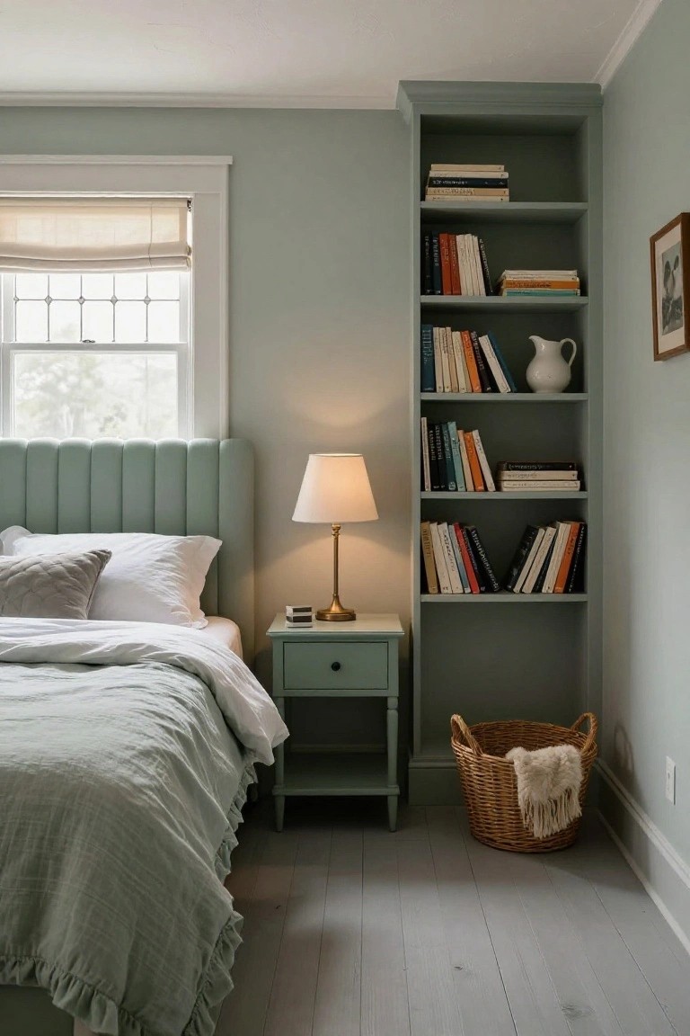 Bedroom interior with pale sage green walls and tall matching bookshelves filled with books and a white pitcher, tufted sage green upholstered headboard, bed with white sheets and sage green linen coverlet, green nightstand with brass lamp, and wicker basket on gray wood floors by a window with beige roman shade.