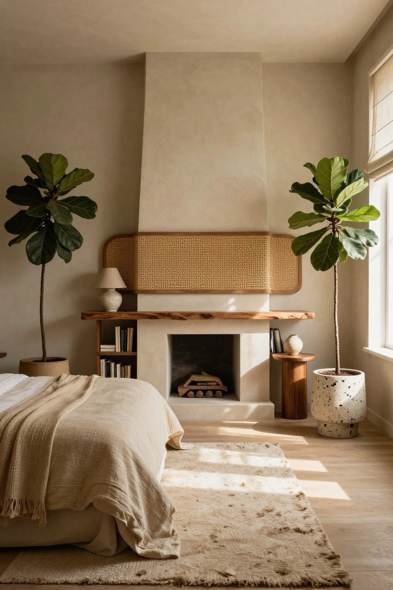 Bedroom with beige walls, tall beige fireplace topped by rattan screen and wood mantel, two large fiddle leaf fig plants in pots on either side, bed with beige linens and throw, side tables, bookshelves, and speckled pot on stool by window.