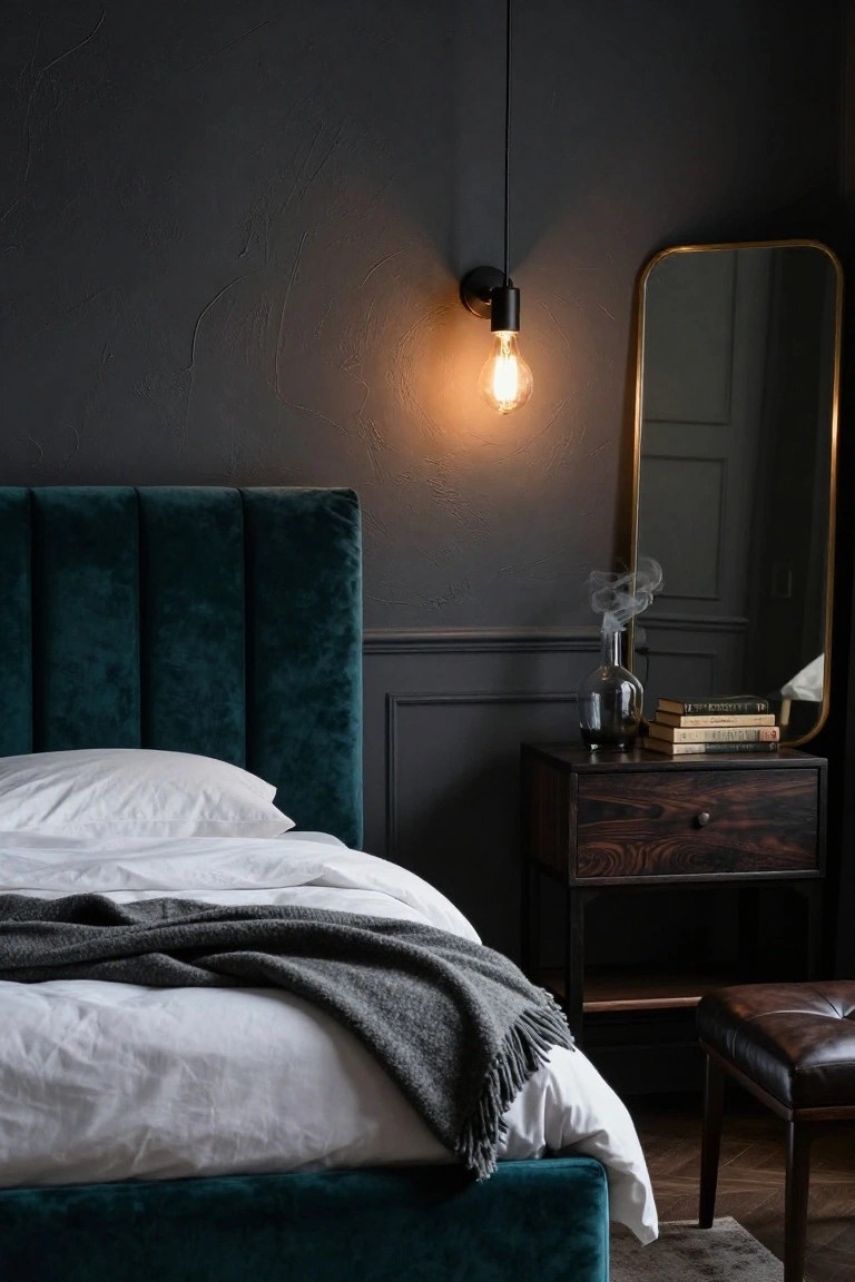Bedroom interior with tufted emerald green velvet headboard against dark textured walls, white sheets and pillows on the bed with gray throw, wooden nightstand holding books and glass bottle with smoke, gold-framed mirror, wall lamp with exposed bulb, and leather stool.