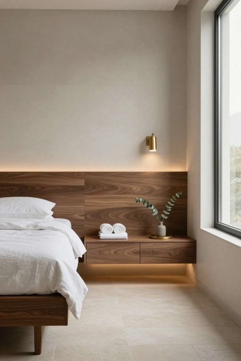 Modern bedroom with floating walnut wood bed platform, integrated headboard and drawers, white linen bedding, stacked white towels and eucalyptus sprig on nightstand, gold wall sconce, large window, beige walls, and light beige tile floor.