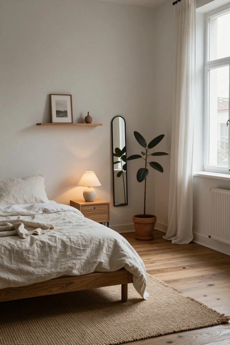 Bedroom corner with white walls, wooden platform bed draped in white linen sheets, wooden nightstand holding a ceramic lamp, tall potted plant next to arched black mirror, floating wooden shelf with vase and framed photo, sheer white curtains on window, and light oak floors with seagrass rug.