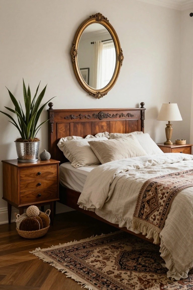 Bedroom with carved wooden headboard and matching nightstands, beige ruffled pillows and duvet, tall potted snake plant, brass lamp, woven basket, gold oval mirror on wall, and Persian-style rug on hardwood floor.