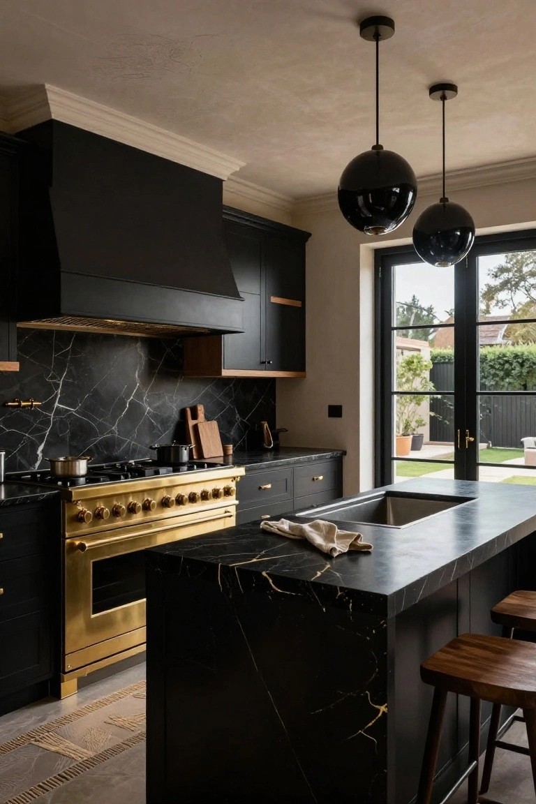 Kitchen with matte black cabinets and hood, gold professional range cooker, black marble countertops and backsplash with gold veining, island sink, wood bar stools, and glass doors to garden.