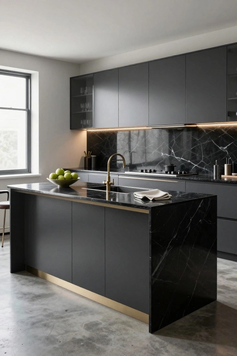 Modern kitchen interior with matte black cabinets, black veined marble countertops and backsplash, brass faucet, central island, bowl of green apples, and bar stool.