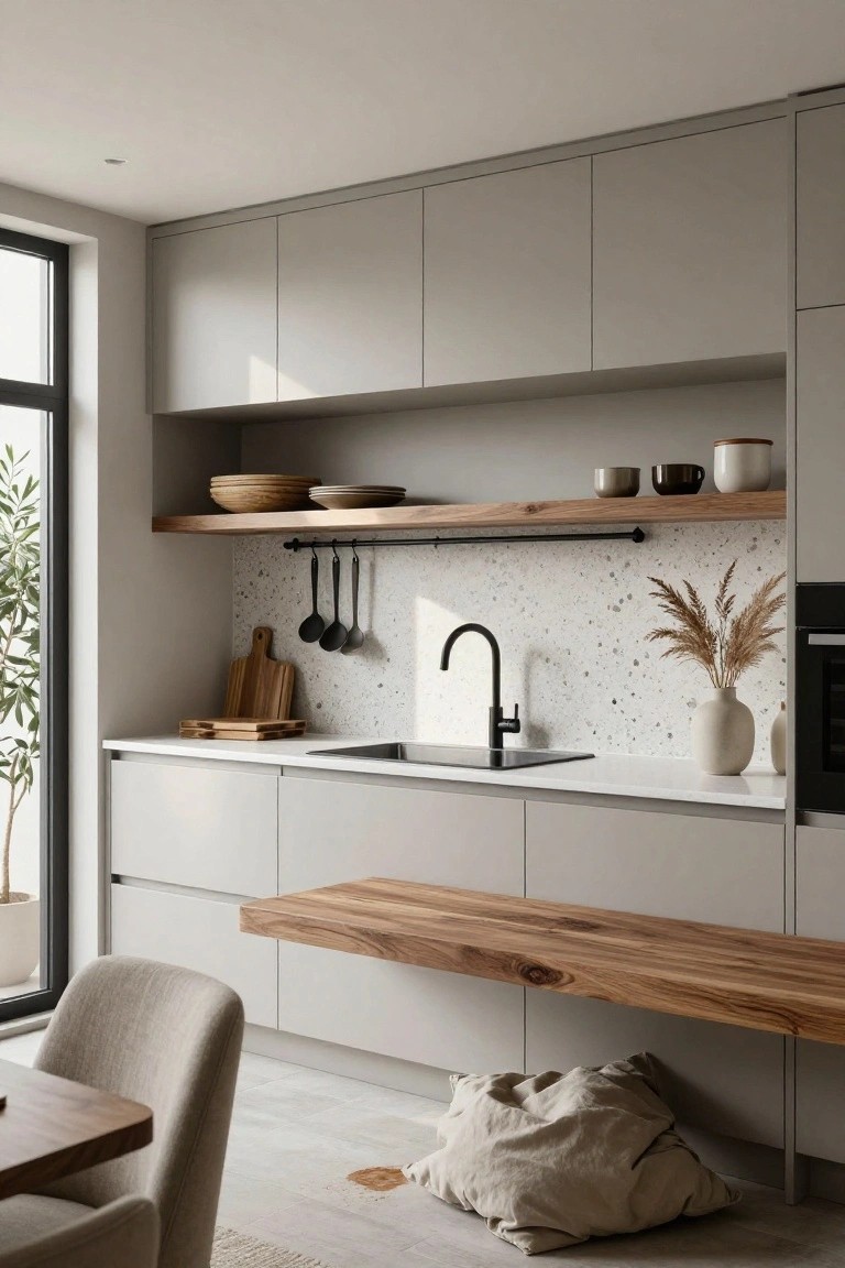 Modern kitchen interior with light gray cabinets, white terrazzo backsplash with black specks, black faucet over sink, open wooden shelves, hanging utensils, cantilevered wooden bar top, stools, and potted plant by window.