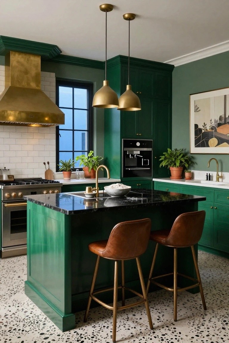 A modern kitchen with deep green cabinets, black granite island topped with a bowl and flanked by two tan leather bar stools on brass legs, brass range hood over a range, gold pendant lights, and potted plants on white subway tile walls.