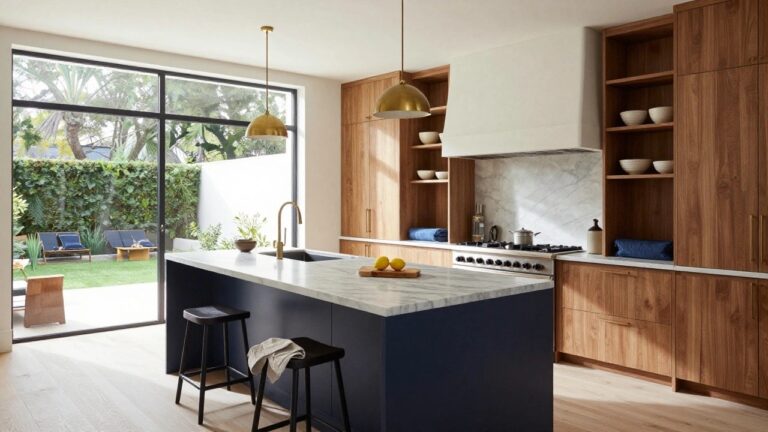 Kitchen interior with navy blue island counter featuring white marble top, wood bar stools, adjacent warm wood cabinets, white walls, marble backsplash, gas cooktop, brass pendant lights, and arched window to outdoor view.