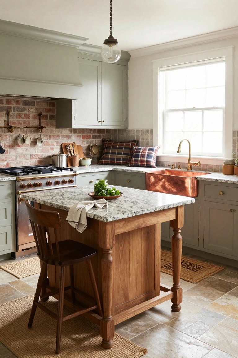 Sage green Shaker-style kitchen cabinets with a copper apron-front sink, white quartz counters, exposed brick backsplash, wooden freestanding island with stools, and a window nearby.